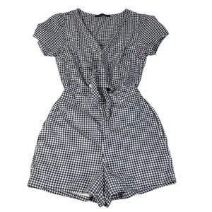Abercrombie Fitch Gingham Tie Front Short Sleeve Romper Shorts Size S Preppy Y2K